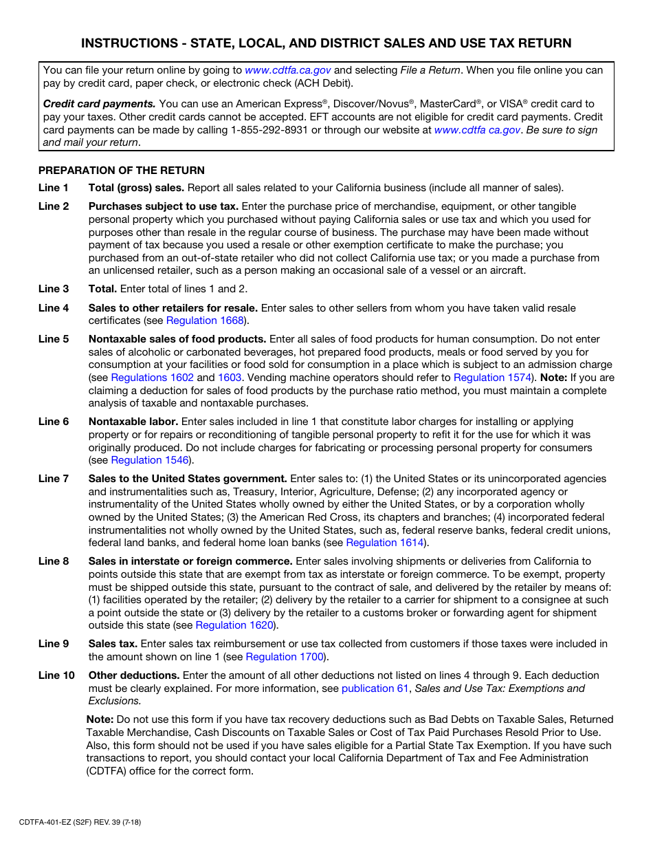 Form CDTFA-401-EZ Short Form - Sales and Use Tax Return - California, Page 3