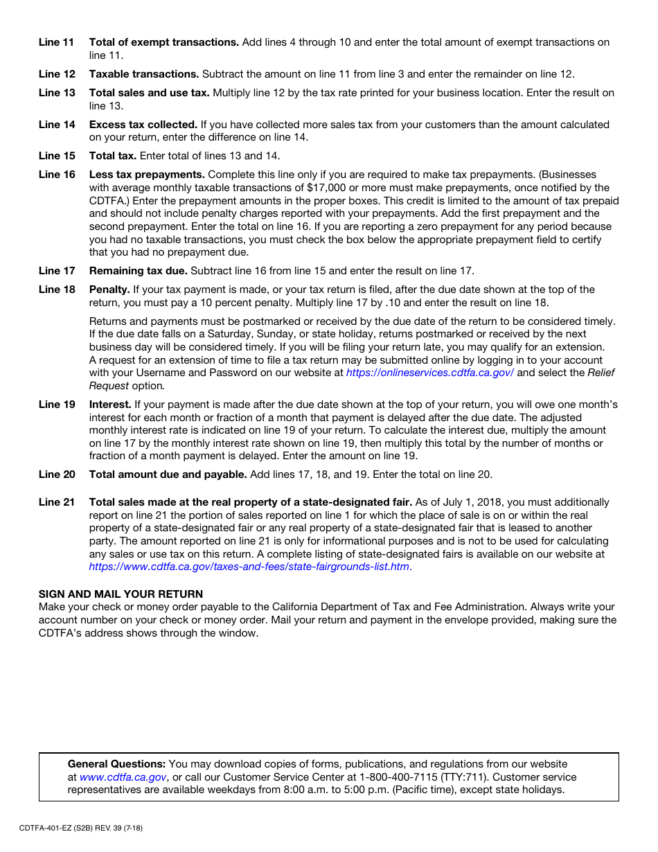 Form CDTFA-401-EZ Short Form - Sales and Use Tax Return - California, Page 4