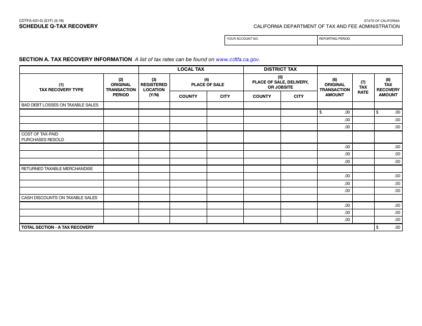 Form CDTFA-531-Q Schedule Q Tax Recovery - California