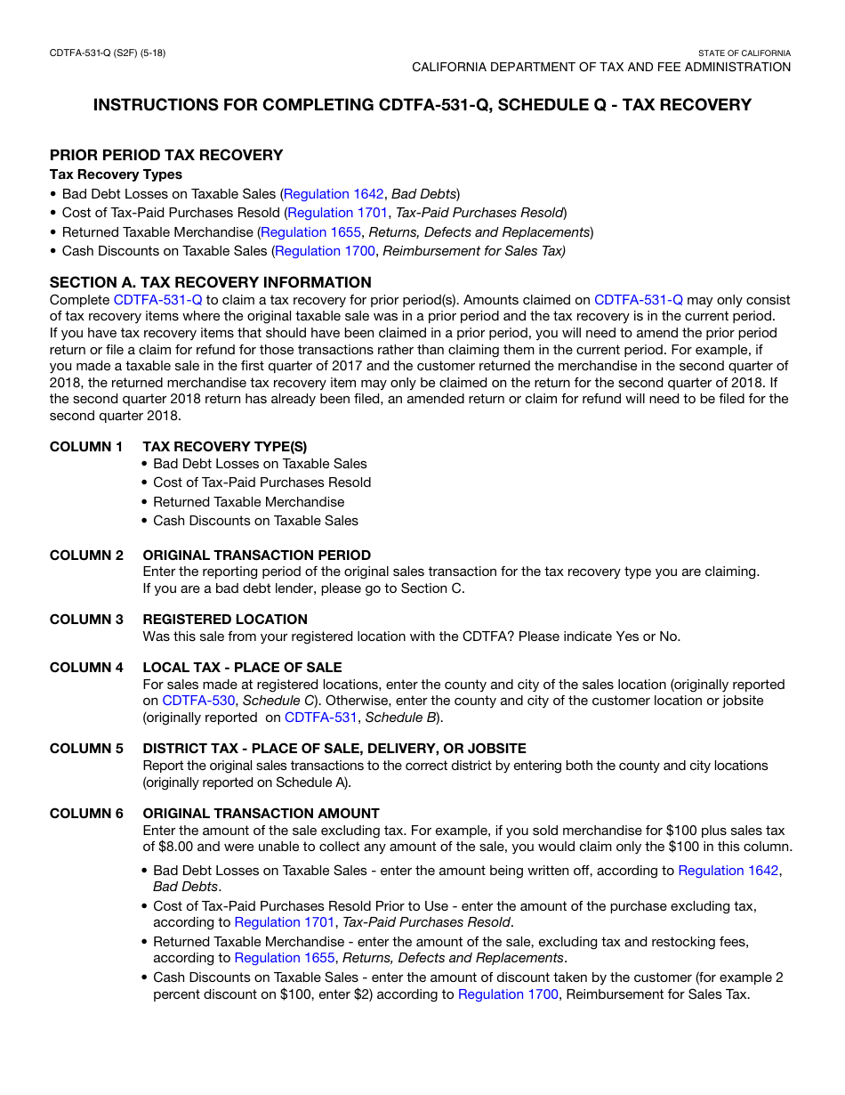 Form CDTFA531Q Schedule Q Fill Out, Sign Online and Download