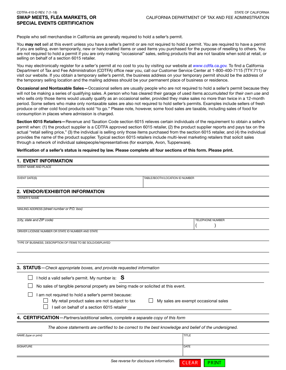 Form CDTFA-410-D Swap Meets, Flea Markets, or Special Events Certification - California, Page 1