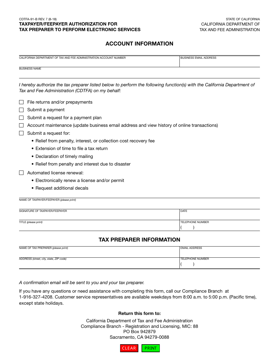 Form CDTFA-91-B Taxpayer / Feepayer Authorization for Tax Preparer to Perform Electronic Services - California, Page 1