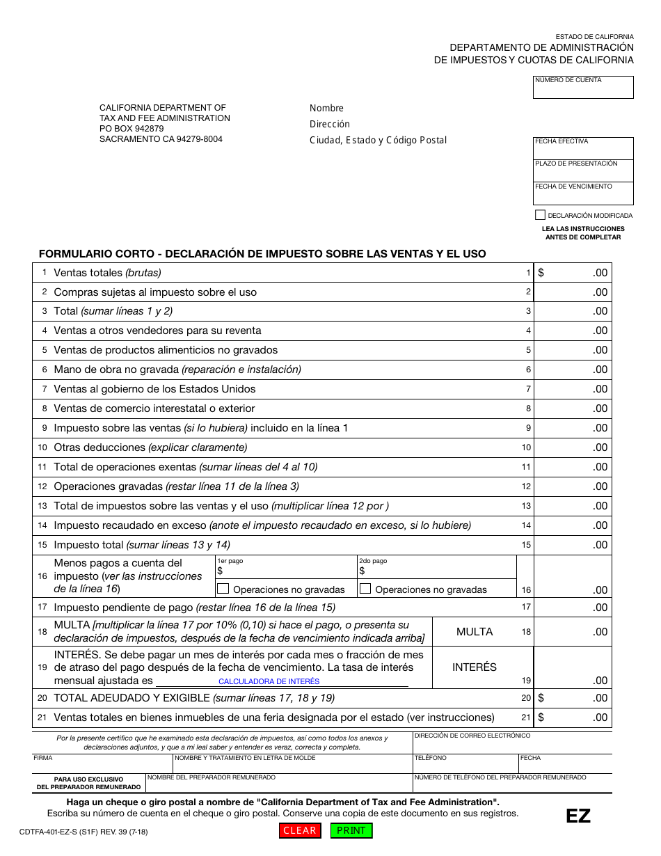 Formulario CDTFA-401-EZ-S Formulario Corto - Declaracion De Impuesto Sobre Las Ventas Y El Uso - California (Spanish), Page 1
