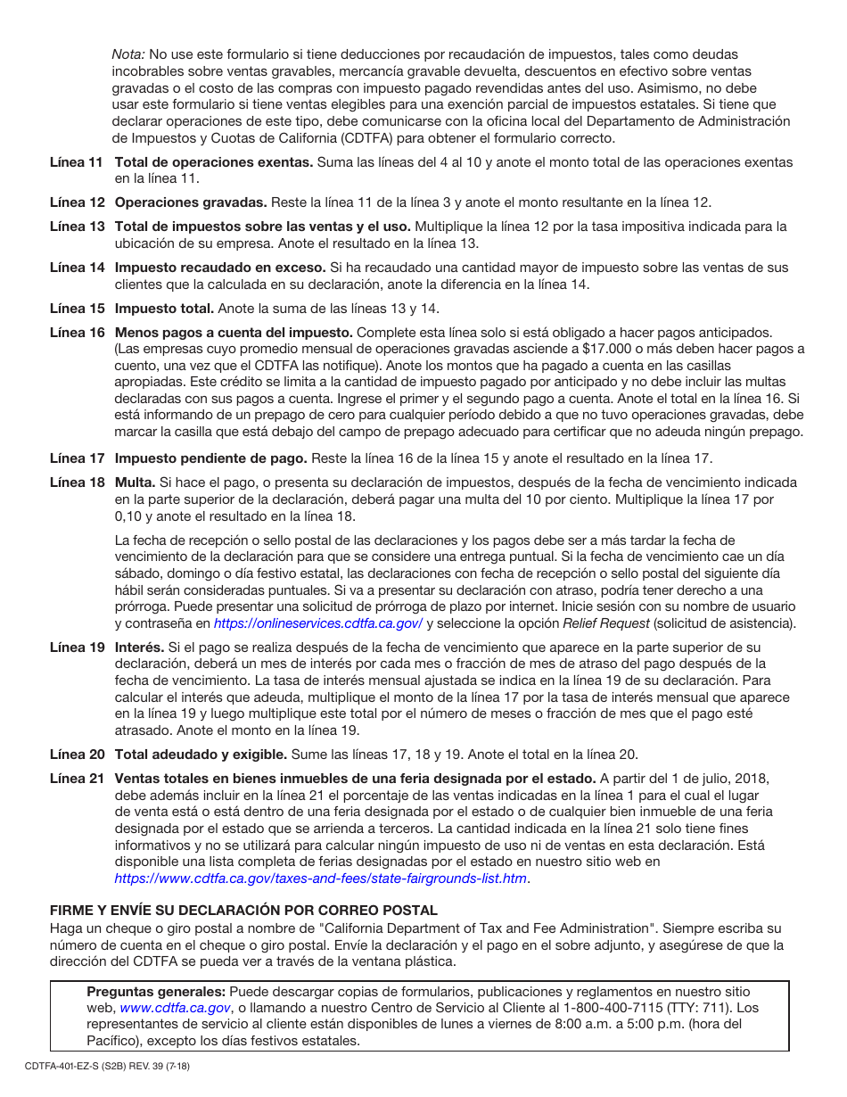 Formulario CDTFA-401-EZ-S Formulario Corto - Declaracion De Impuesto Sobre Las Ventas Y El Uso - California (Spanish), Page 4