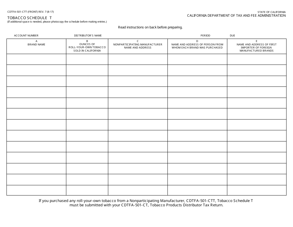 Form CDTFA-501-CTT Tobacco Schedule T - California, Page 1
