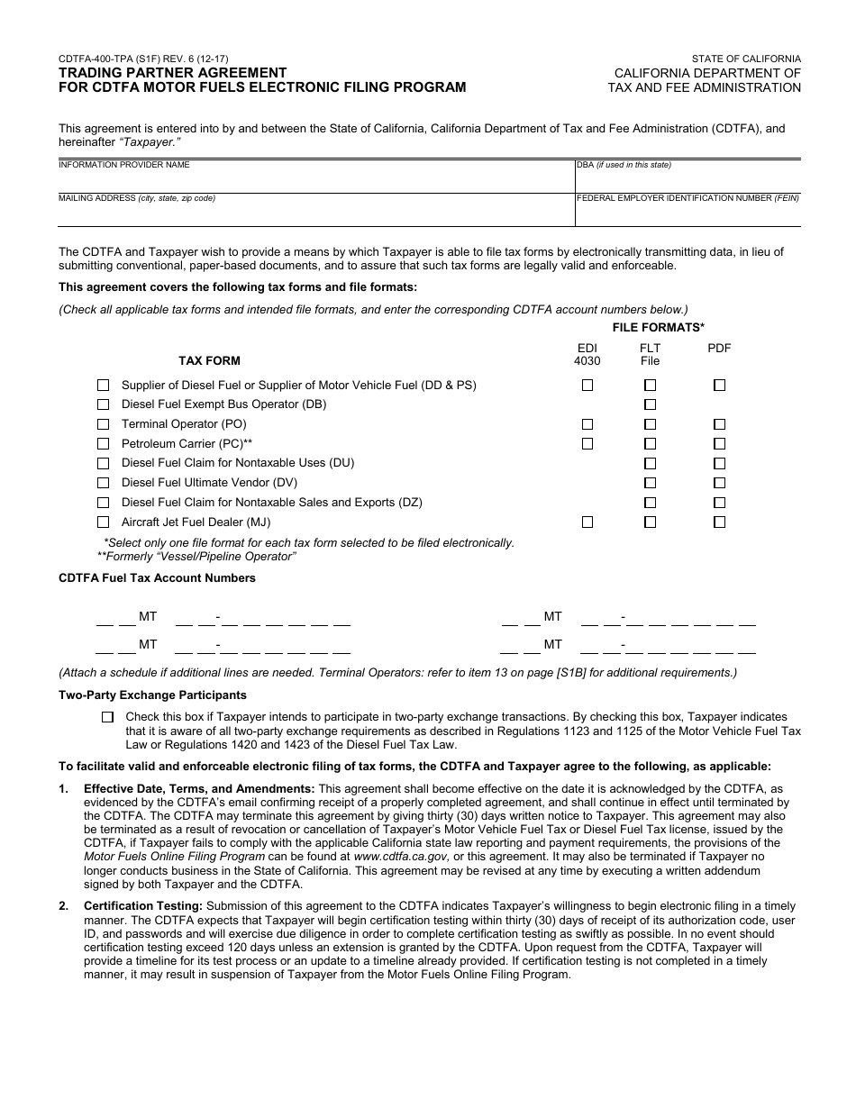 Form CDTFA-400-TPA Trading Partner Agreement for Cdtfa Motor Fuels Electronic Filing Program - California, Page 1