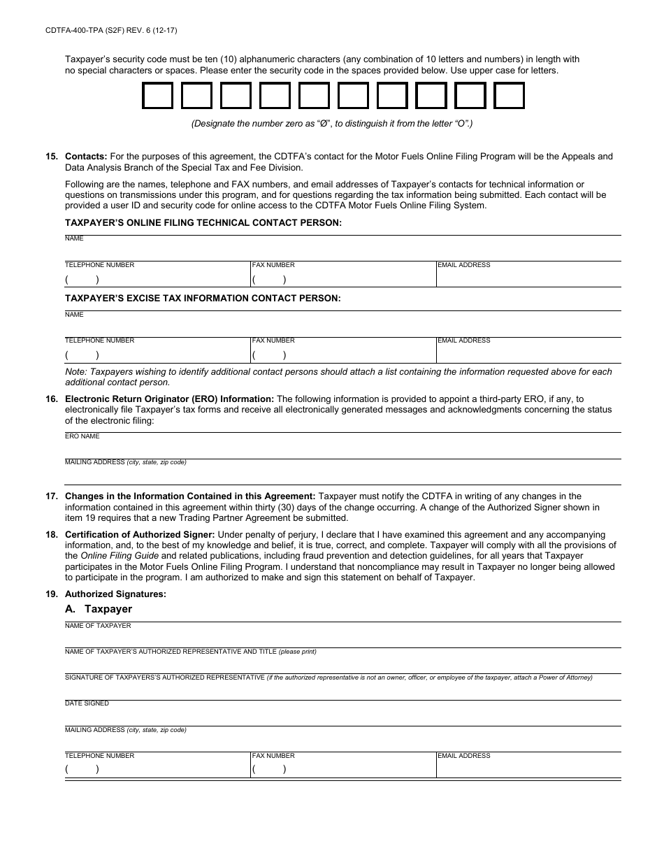 Form CDTFA-400-TPA Trading Partner Agreement for Cdtfa Motor Fuels Electronic Filing Program - California, Page 3