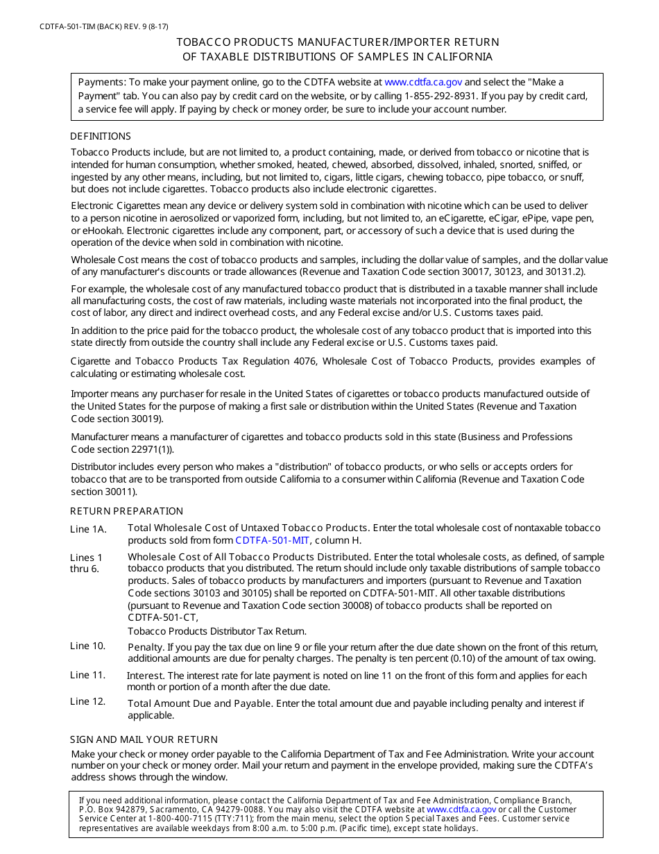 Form CDTFA-501-TIM Tobacco Products Manufacturer / Importer Return of Taxable Distributions of Samples in California - California, Page 2