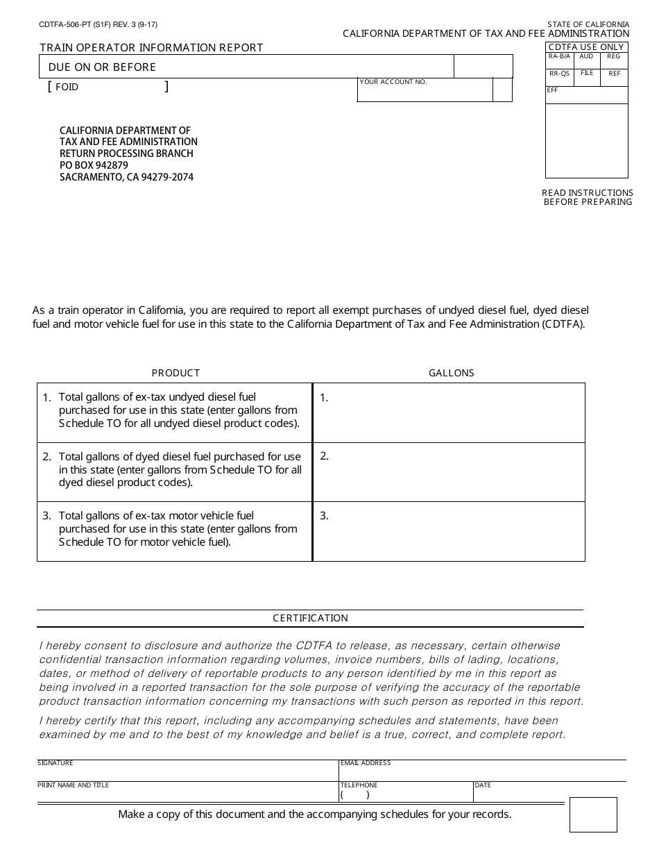 Form CDTFA-506-PT Train Operator Information Report - California, Page 1