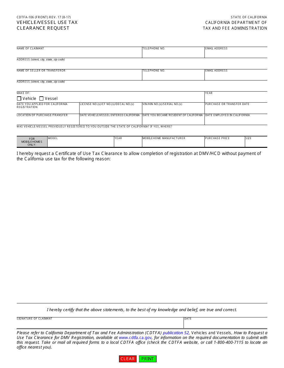 Form CDTFA-106 Vehicle / Vessel Use Tax Clearance Request - California, Page 1