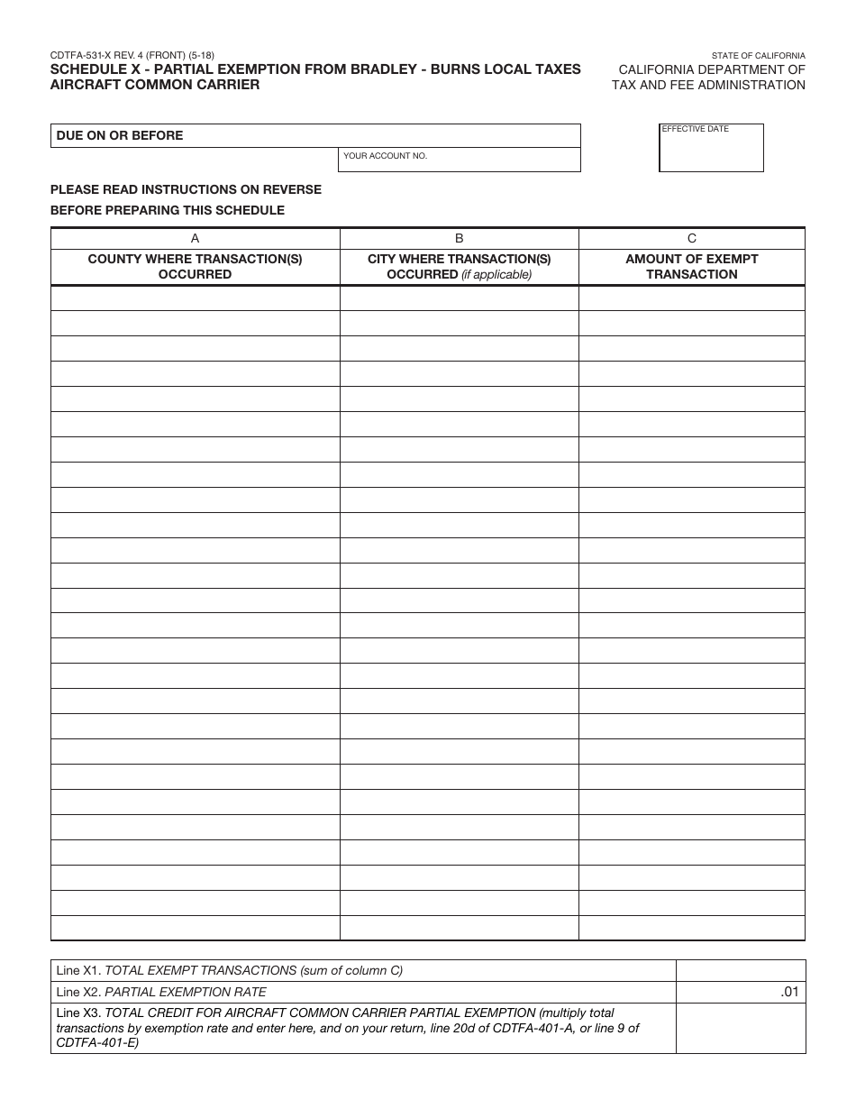 Form CDTFA-531-X Schedule X Partial Exemption From Bradley - Burns Local Taxes Aircraft Common Carrier - California, Page 1