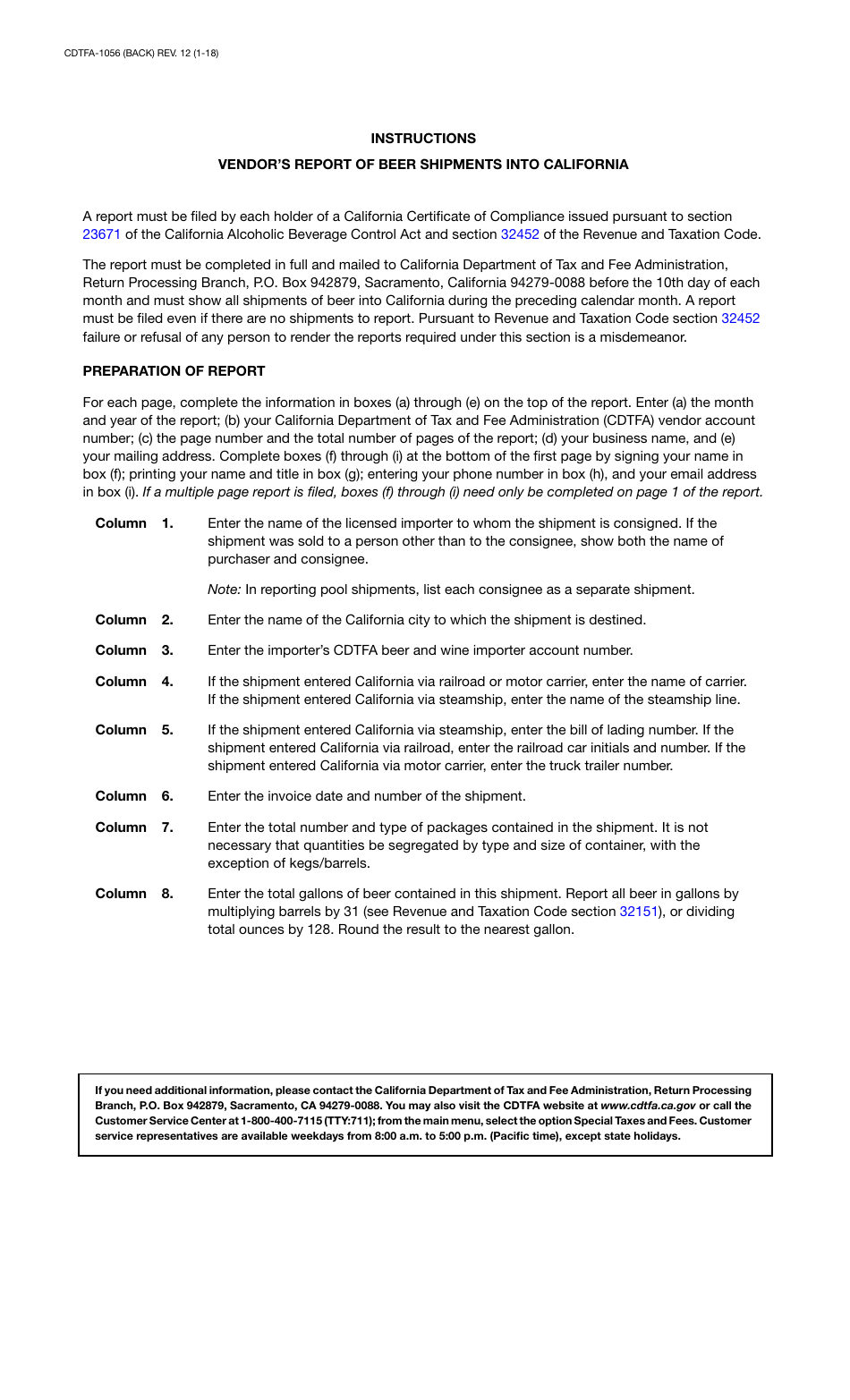 Form CDTFA-1056 Vendors Report of Beer Shipments Into California - California, Page 2