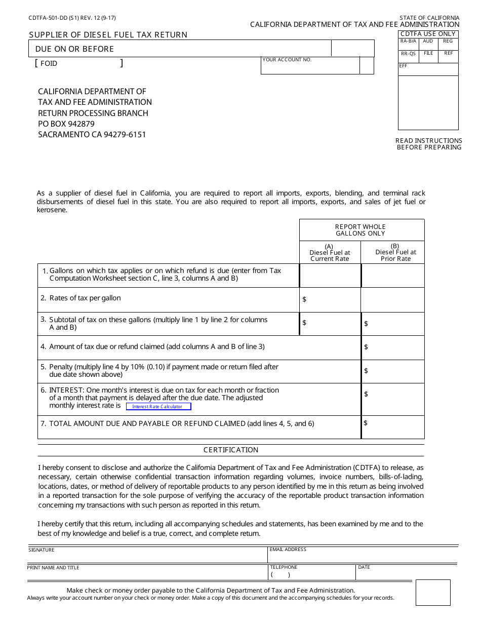 Form CDTFA-501-DD Supplier of Diesel Fuel Tax Return - California, Page 1