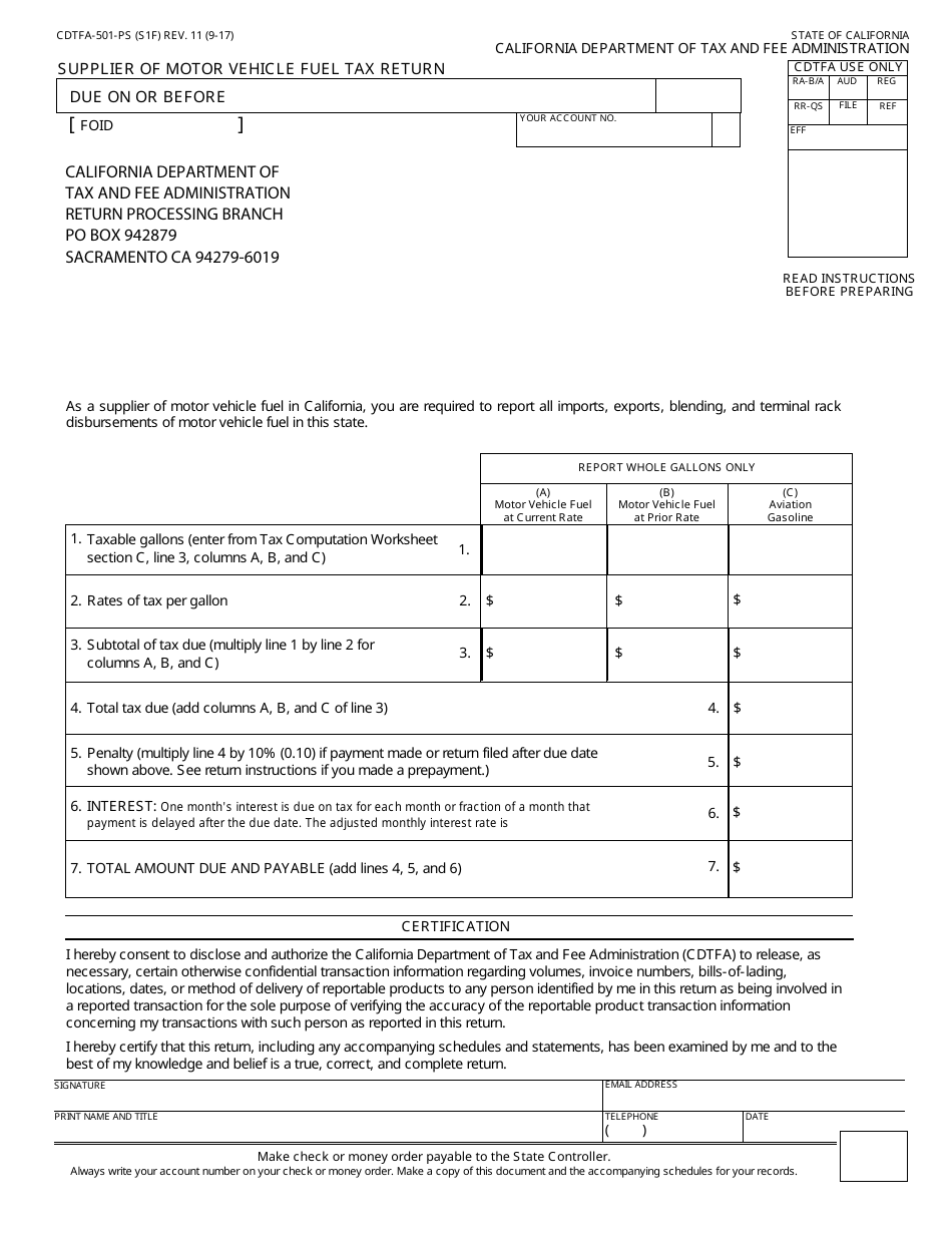 Form CDTFA-501-PS Supplier of Motor Vehicle Fuel Tax Return - California, Page 1