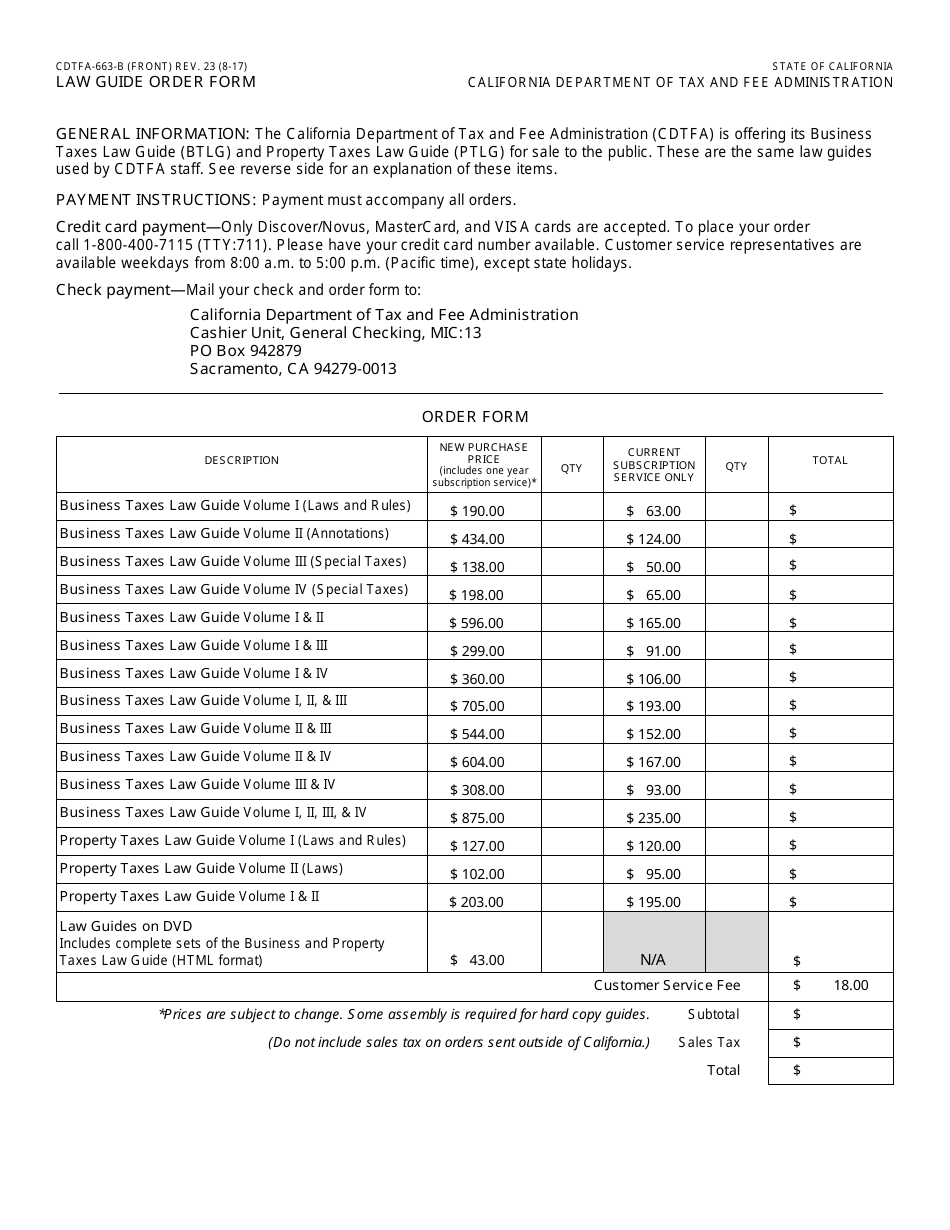 Form CDTFA-663-B Law Guide Order Form - California, Page 1