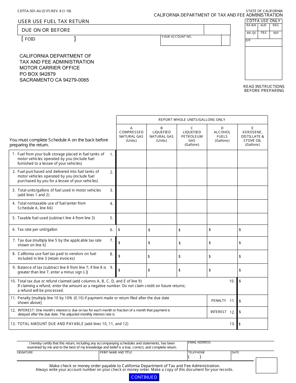 Form CDTFA-501-AU User Use Fuel Tax Return - California, Page 1