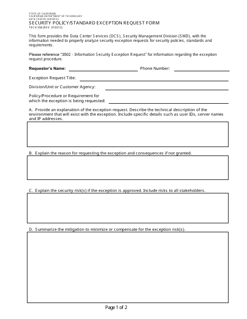 Form TECH358 Security Policy/Standard Exception Request Form - California