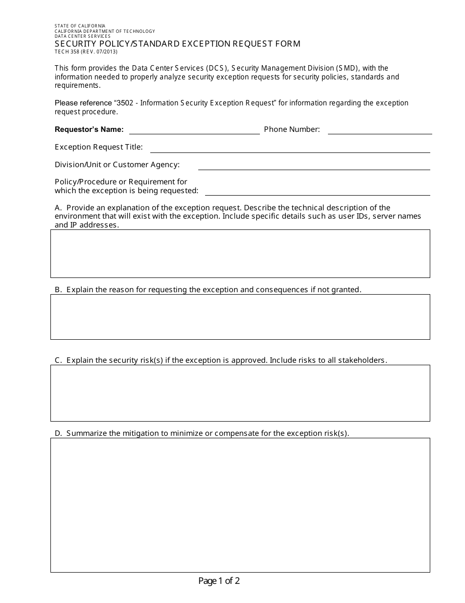Form TECH358 Security Policy / Standard Exception Request Form - California, Page 1