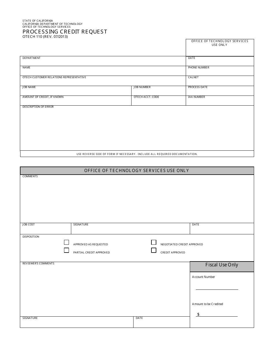 Form OTECH110 Processing Credit Request - California, Page 1