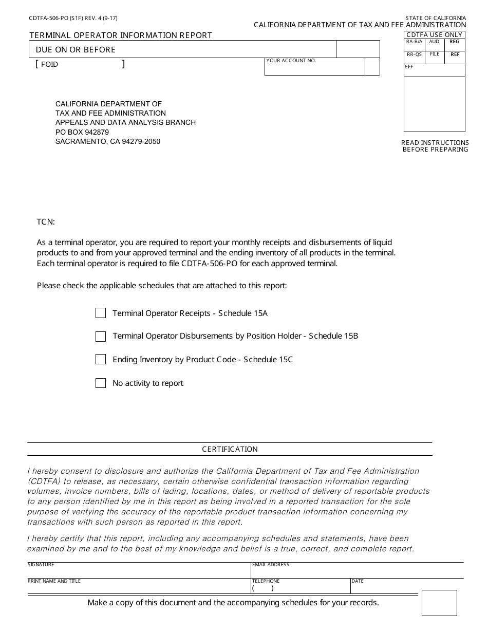 Form CDTFA-506-PO Terminal Operator Information Report - California, Page 1