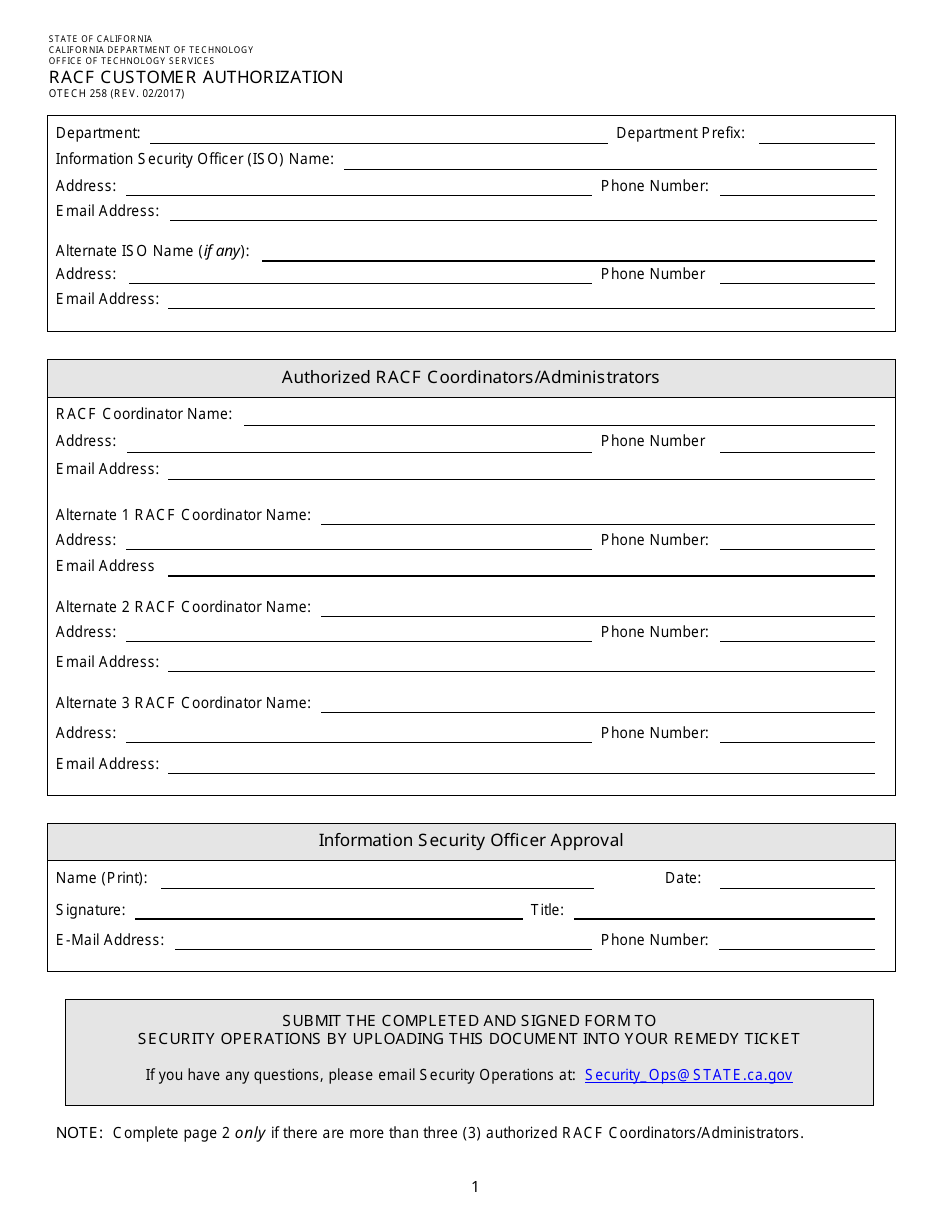Form OTECH258 Racf Customer Authorization - California, Page 1