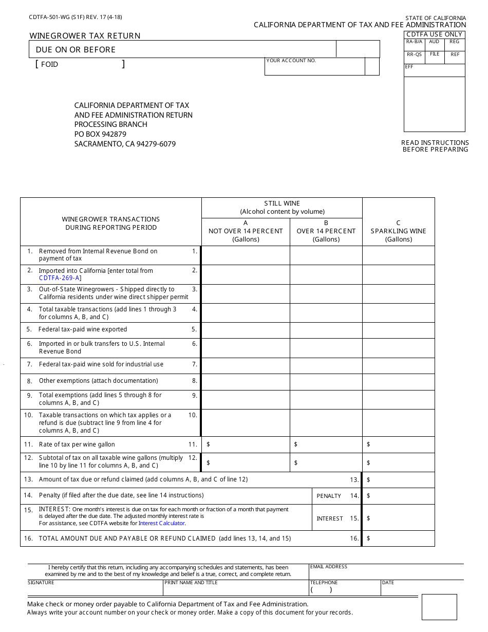 Form CDTFA-501-WG Winegrower Tax Return - California, Page 1