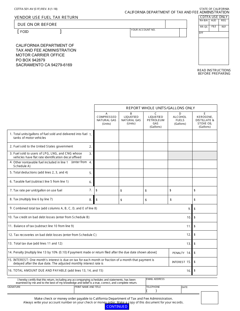 Form CDTFA-501-AV Vendor Use Fuel Tax Return - California, Page 1
