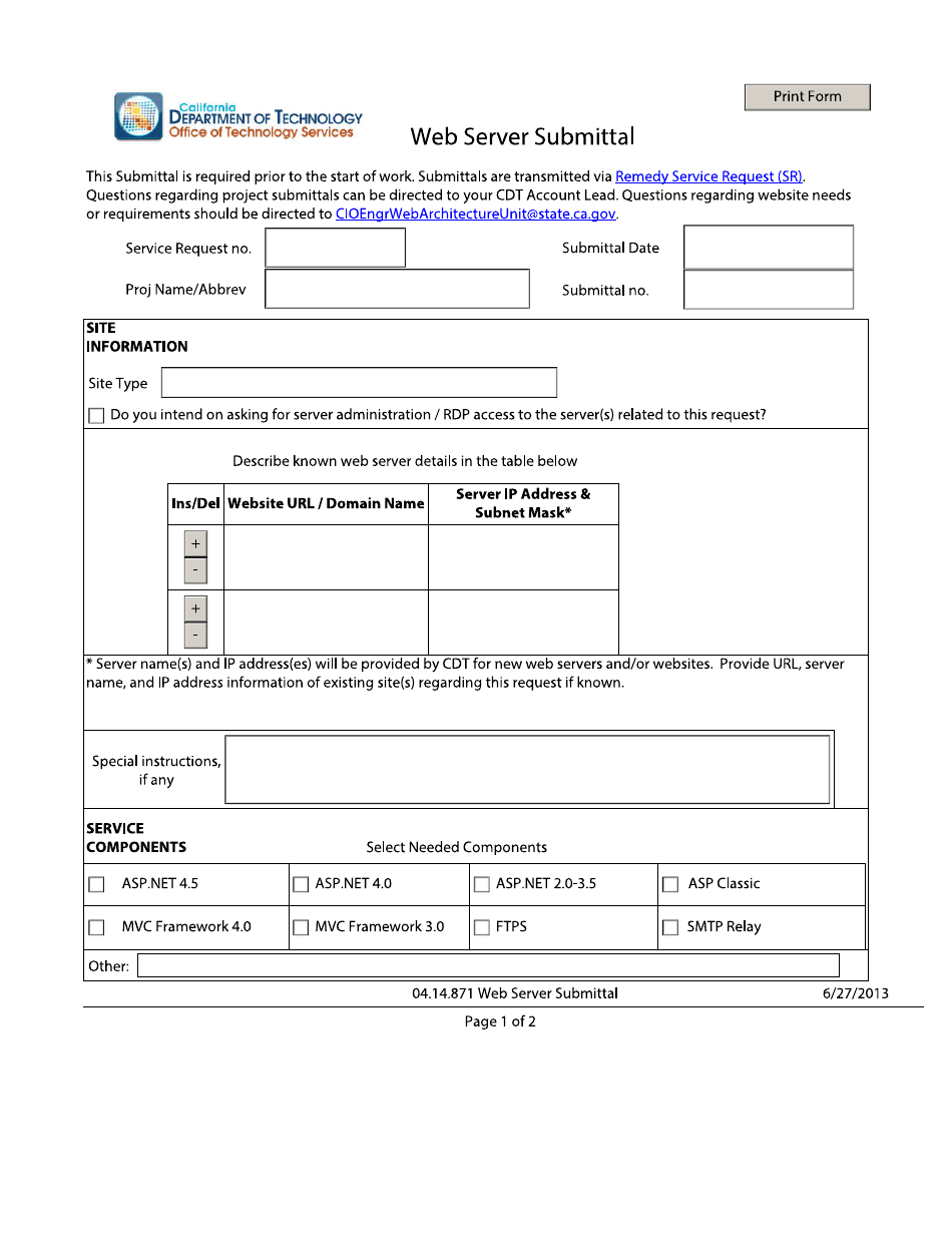 Web Server Submittal Form - California, Page 1