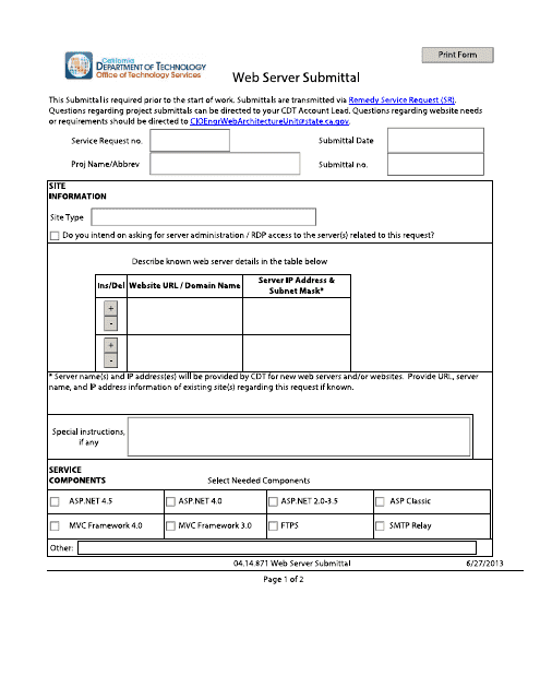 Web Server Submittal Form - California Download Pdf