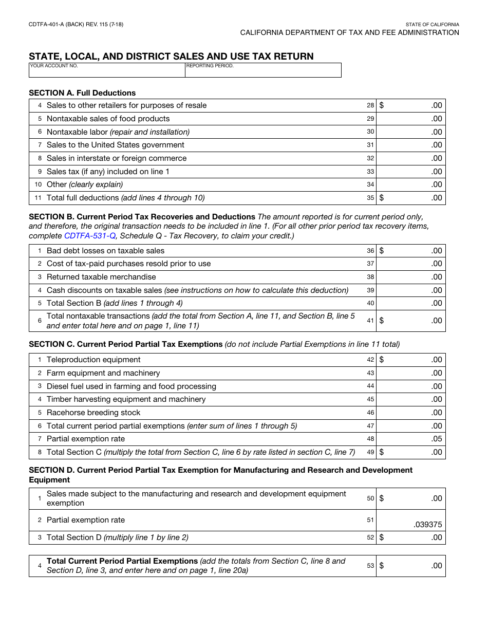 Form CDTFA-401-A State, Local, and District Sales and Use Tax Return - California, Page 2