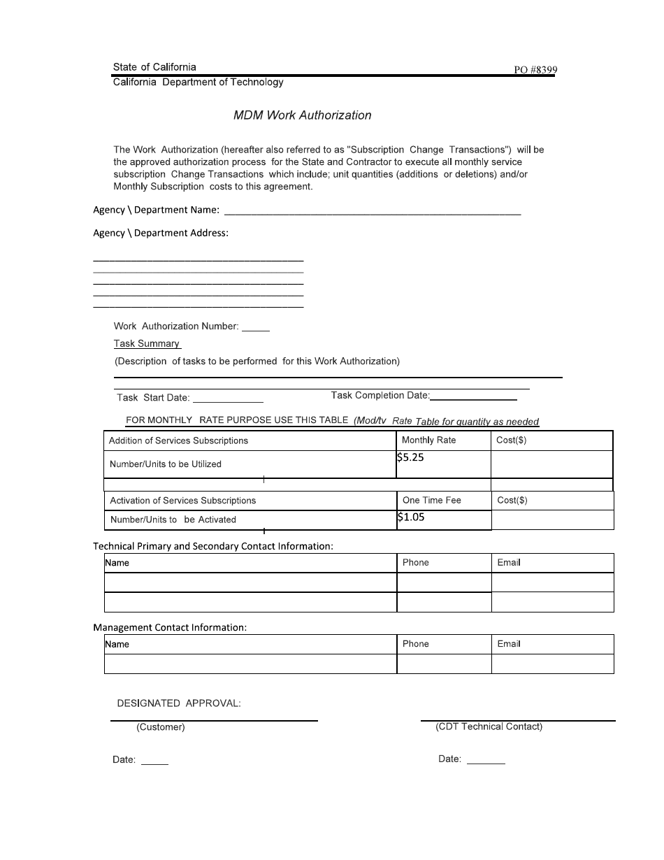 Form PO8399 Mdm Work Authorization - California, Page 1