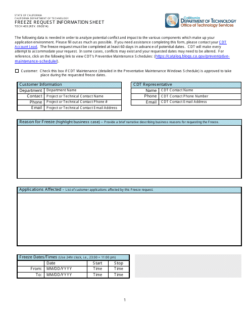 Form TECH403 Freeze Request Information Sheet - California