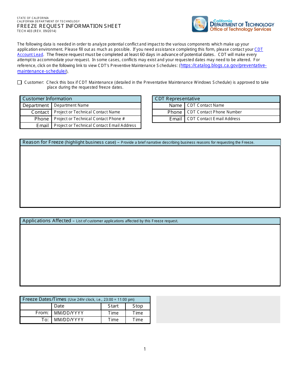 Form TECH403 Freeze Request Information Sheet - California, Page 1