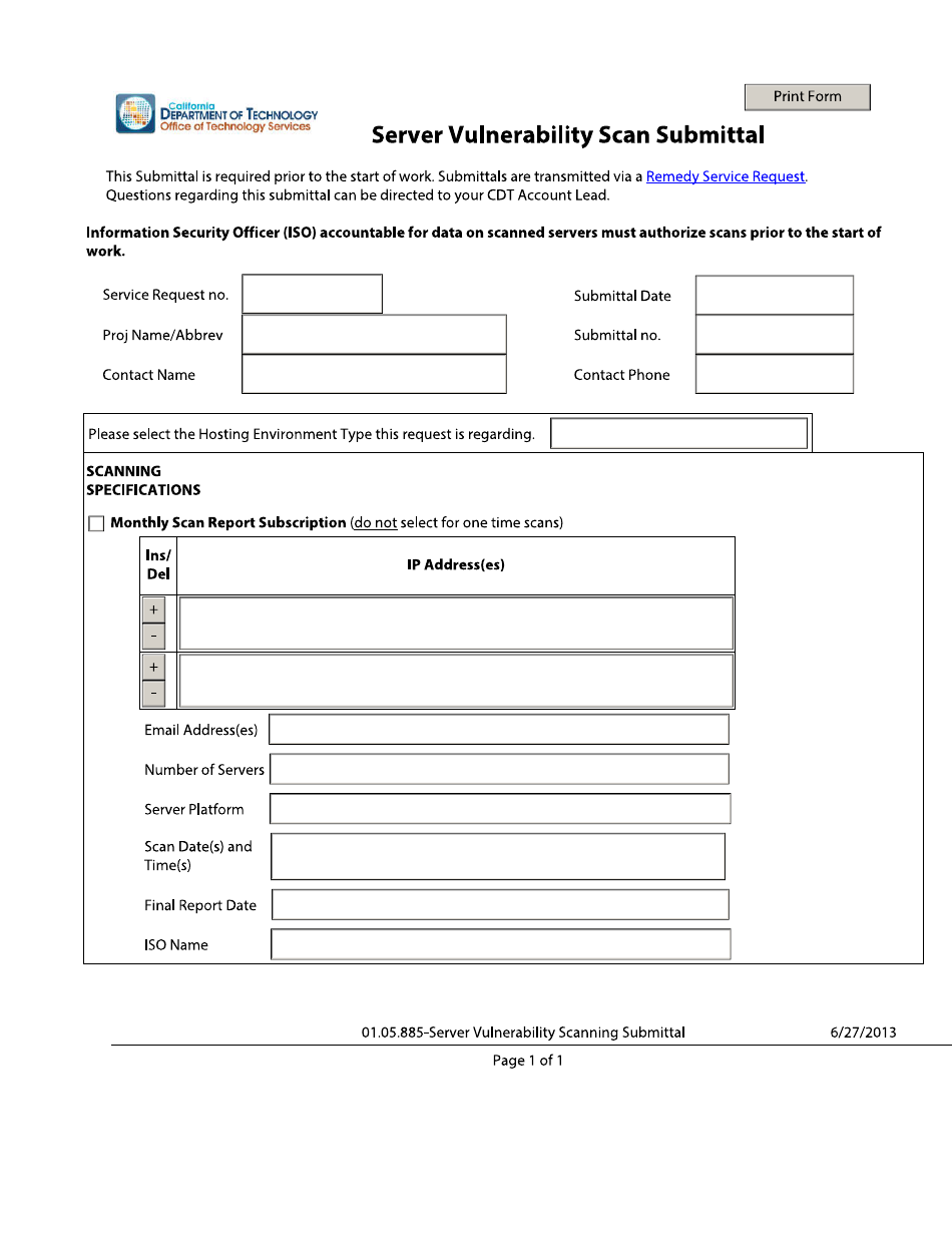 Server Vulnerability Scan Submittal Form - California, Page 1