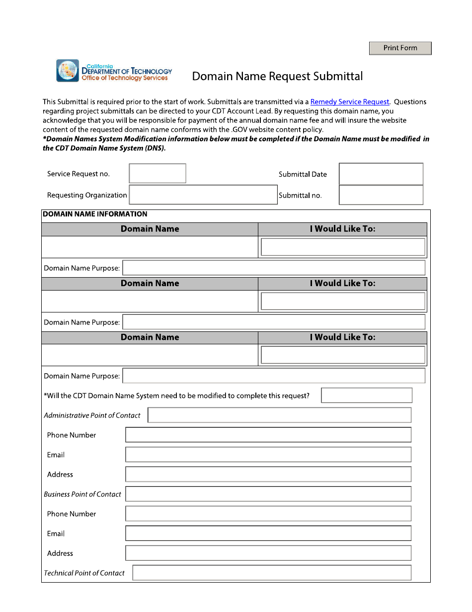 Domain Name Request Submittal Form - California, Page 1