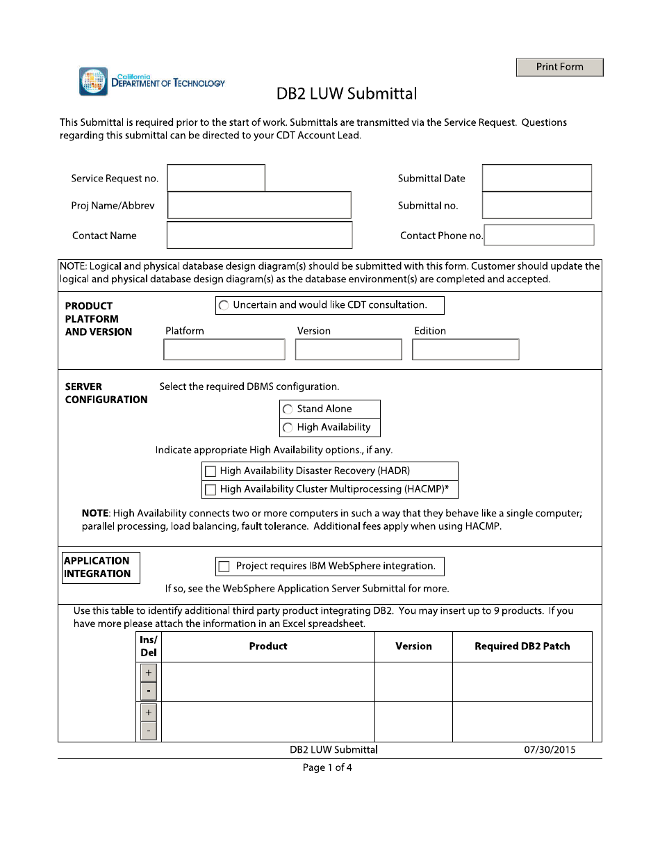 Db2 Luw Submittal Form - California, Page 1