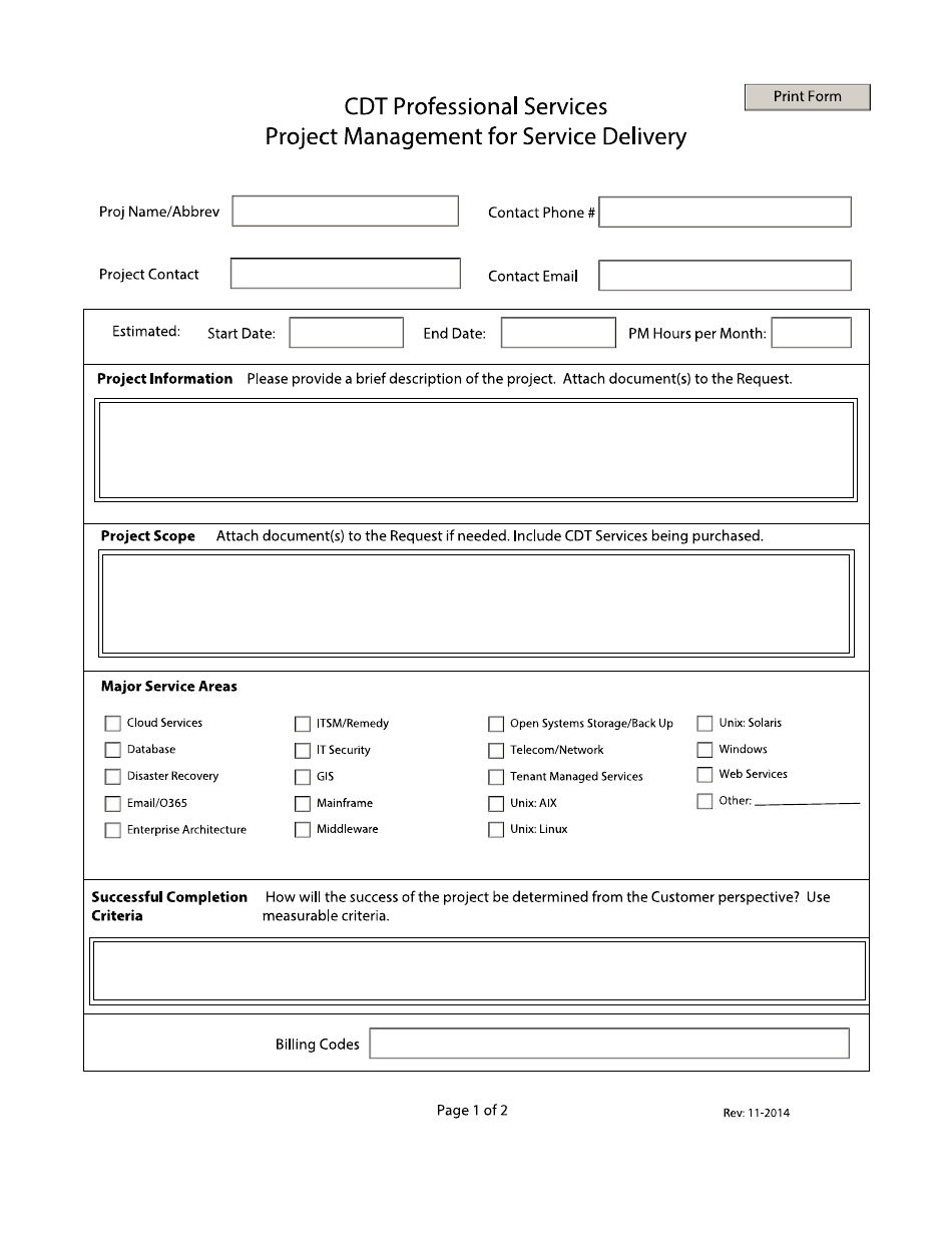 Project Management Submittal Form for Service Delivery - California, Page 1