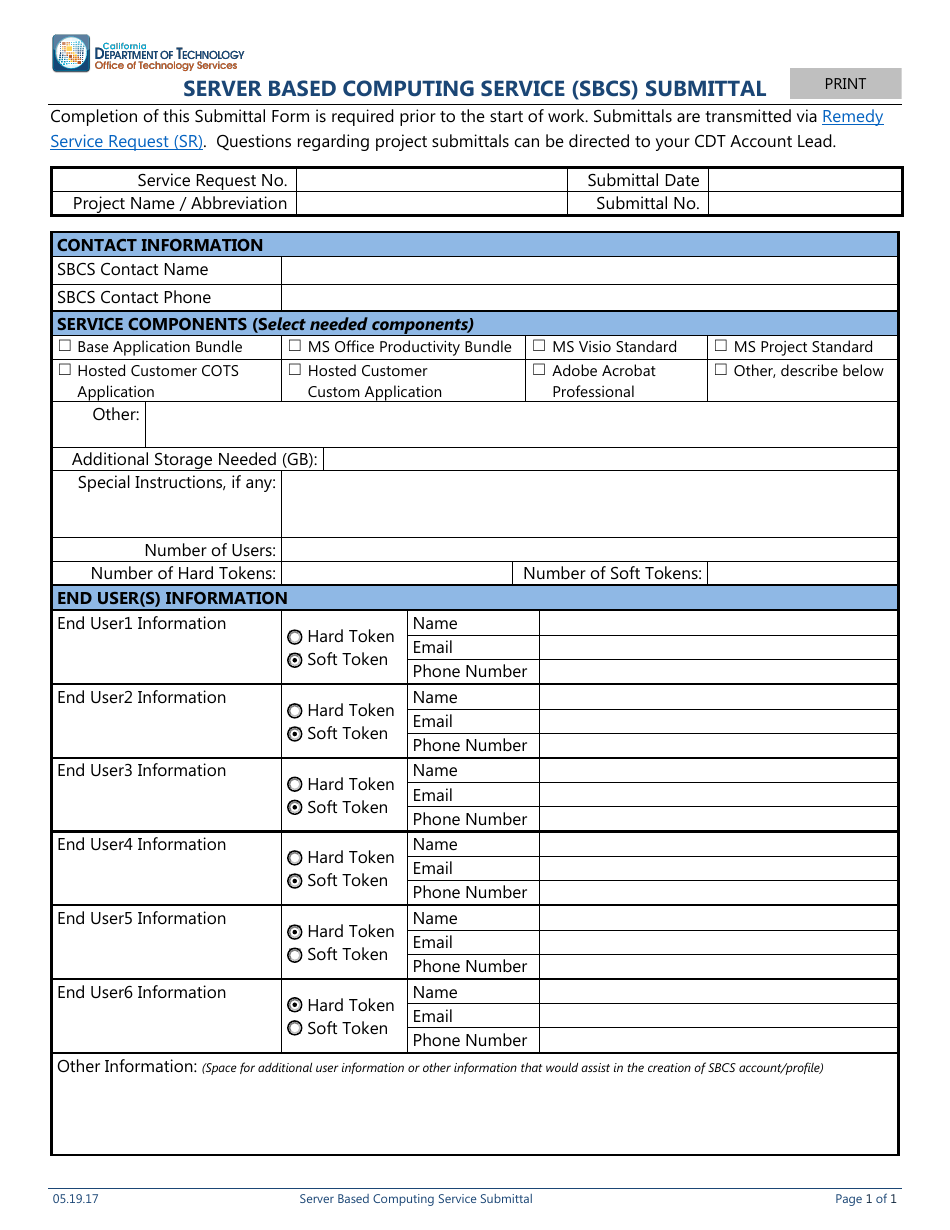 Server Based Computing Service (Sbcs) Submittal Form - California, Page 1