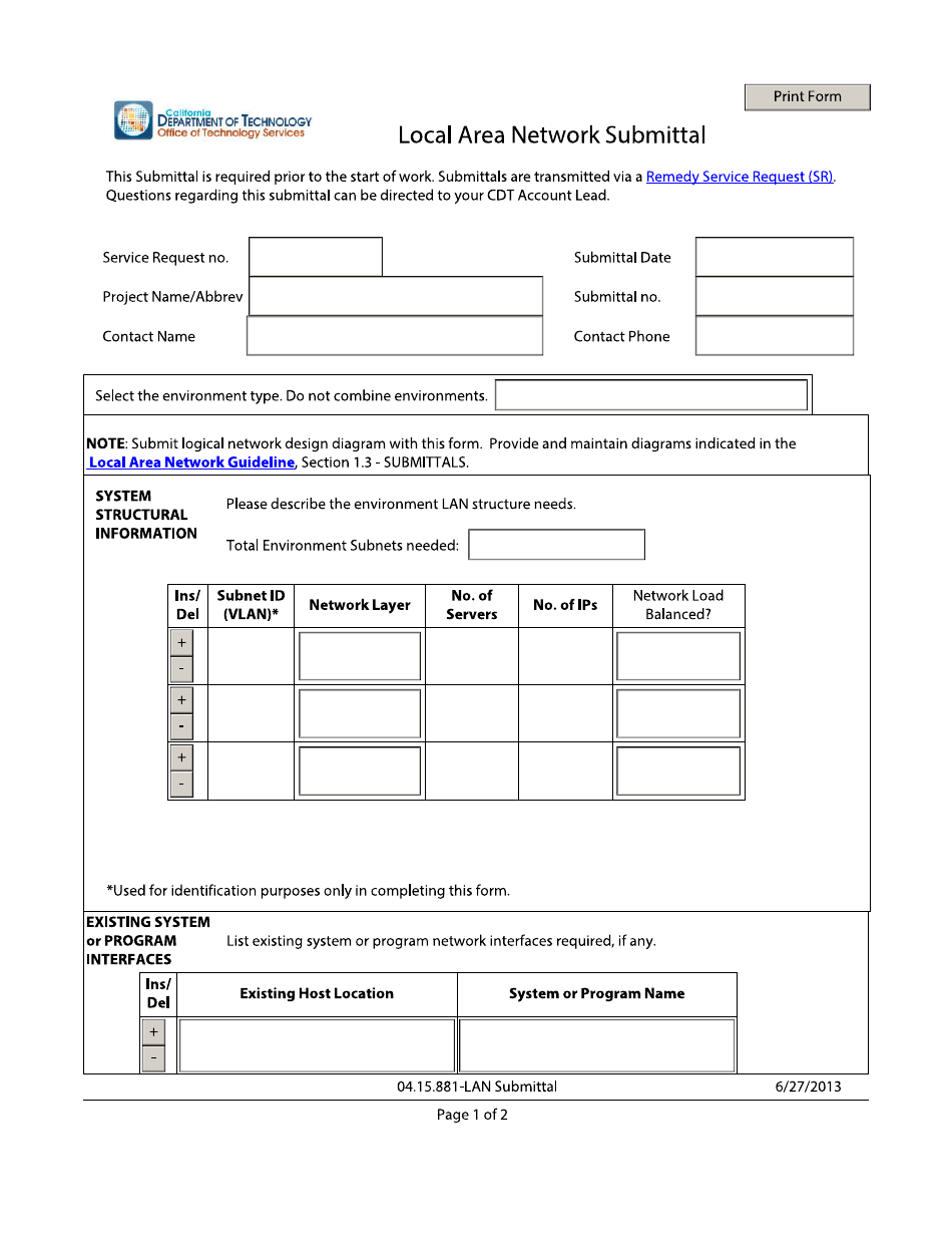 Local Area Network Submittal Form - California, Page 1