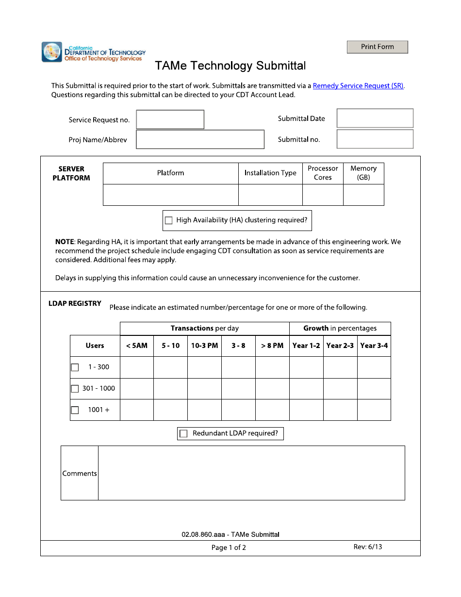 Tame Technology Submittal Form - California, Page 1