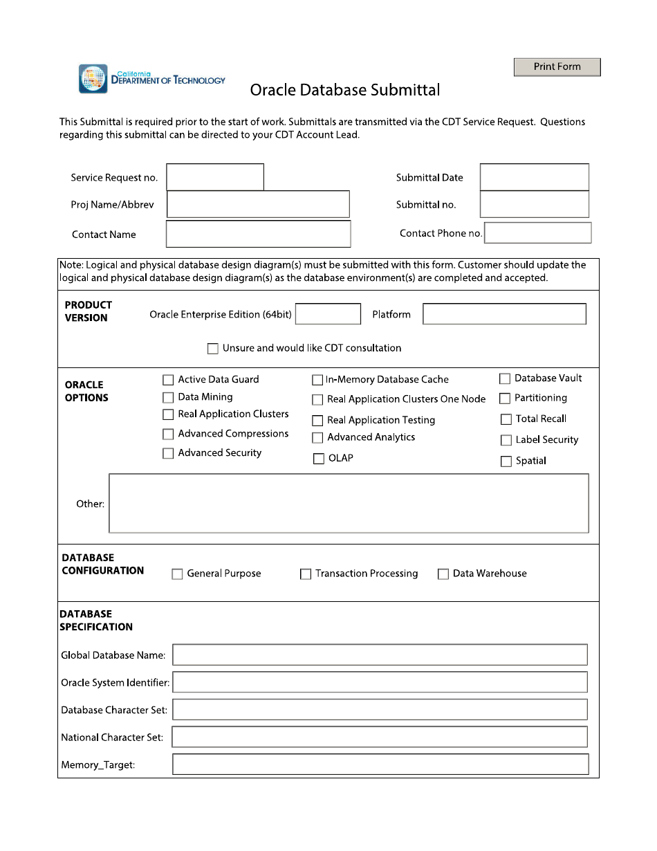 Oracle Database Submittal Form - California, Page 1