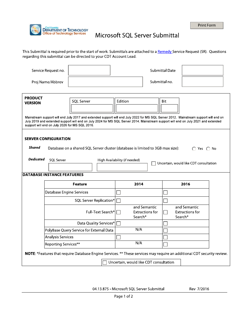 Microsoft Sql Server Submittal Form - California, Page 1