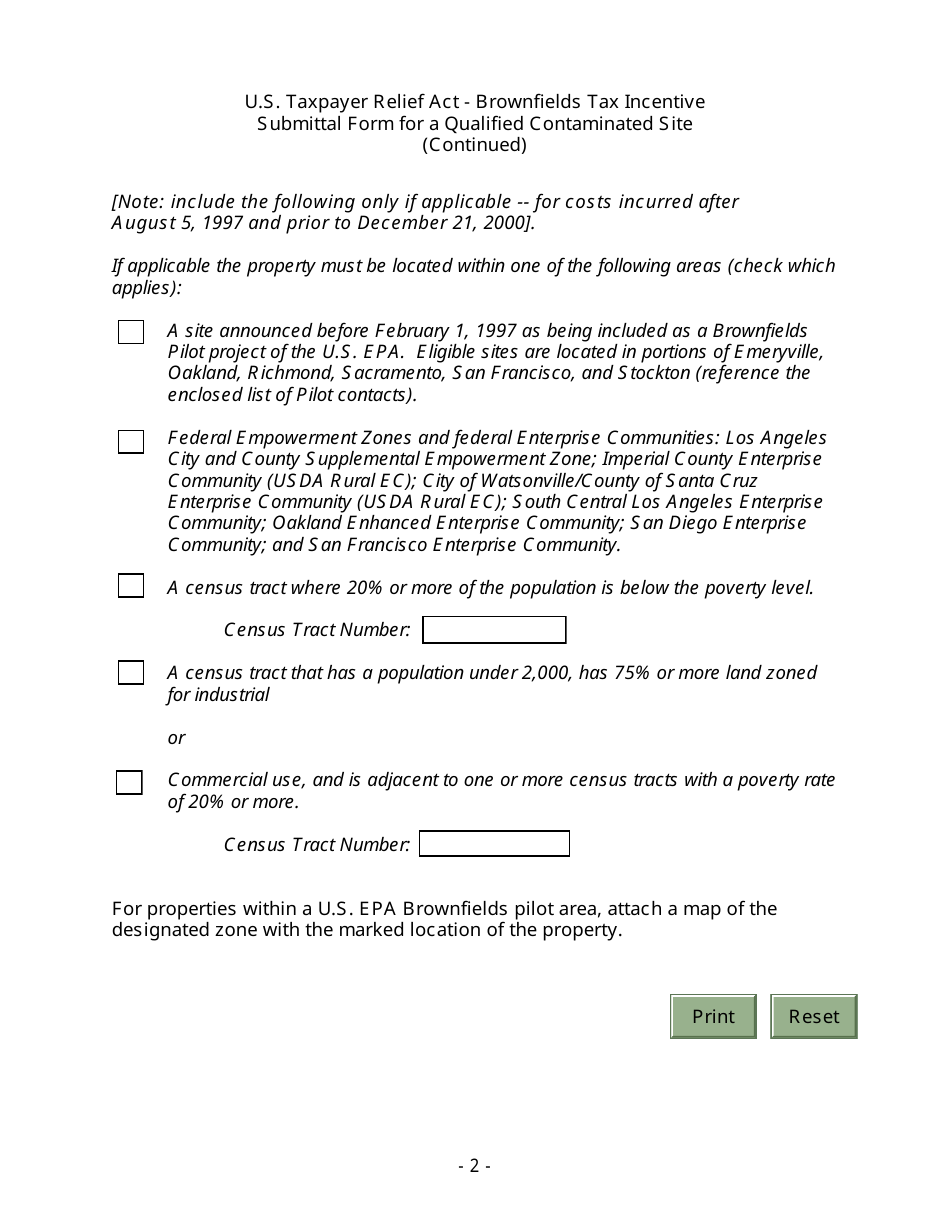 Brownfields Tax Incentive Submittal Form for a Qualified Contaminated Site - California, Page 2