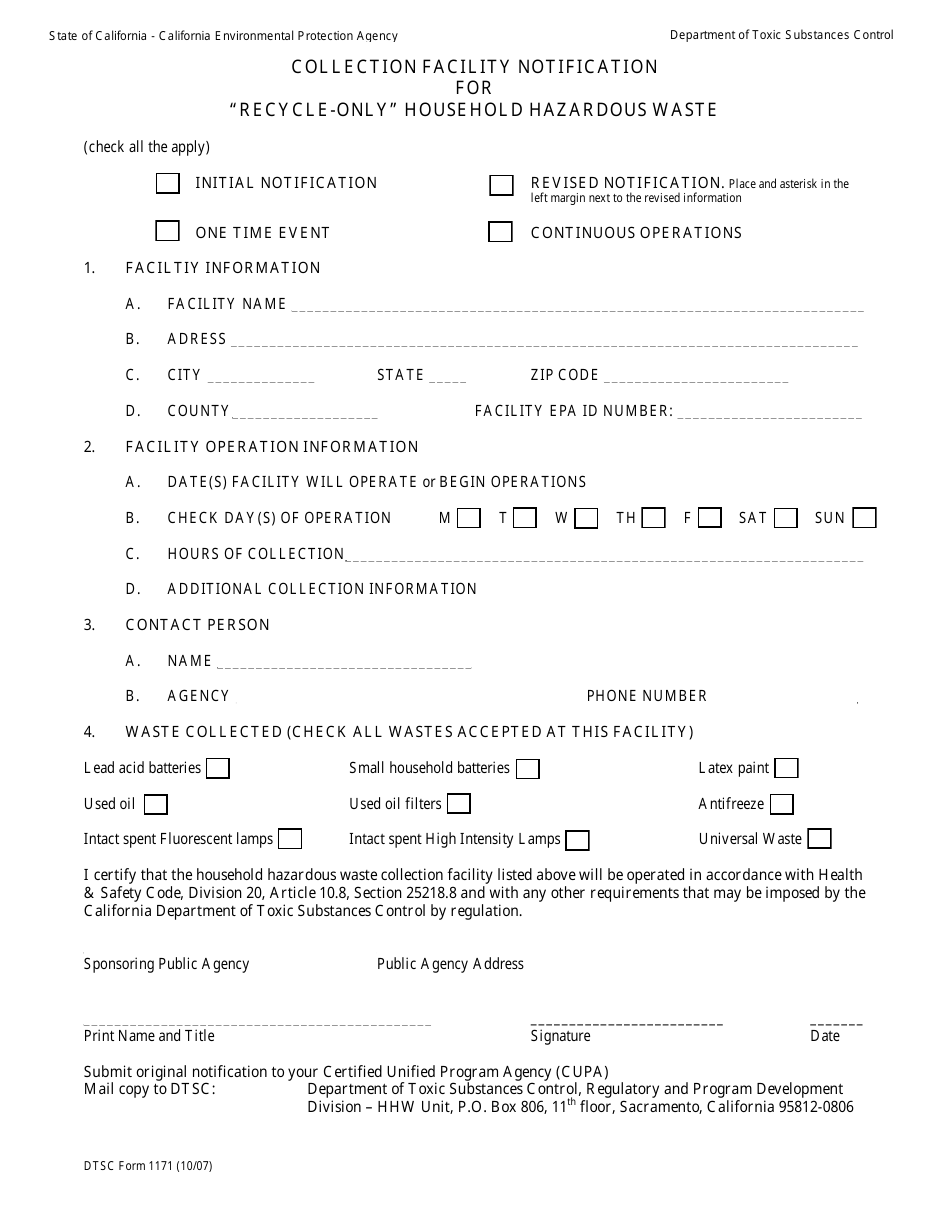 DTSC Form 1171 Collection Facility Notification for recycle-Only Household Hazardous Waste - California, Page 1