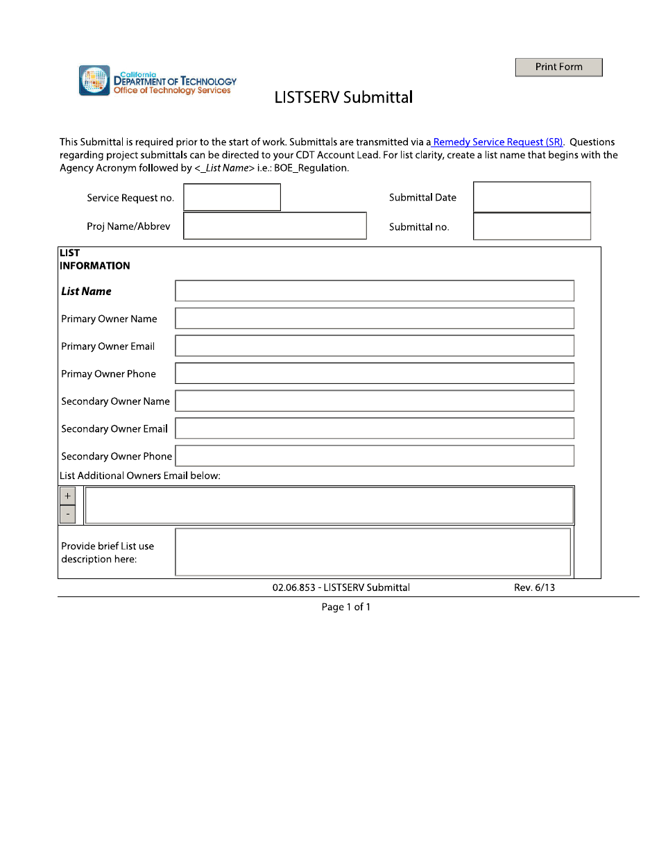 Listserv Submittal Form - California, Page 1
