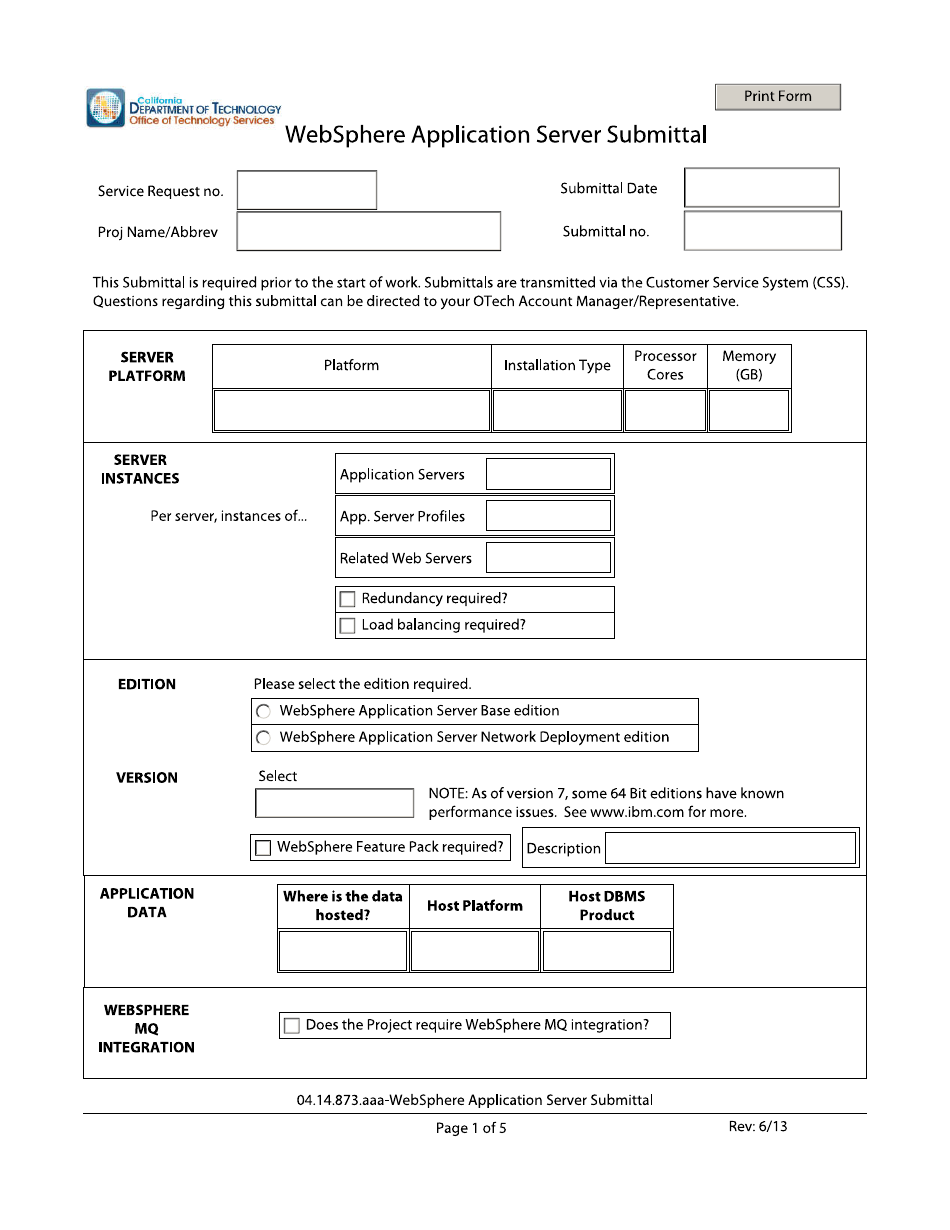 Websphere Application Server Submittal Form - California, Page 1