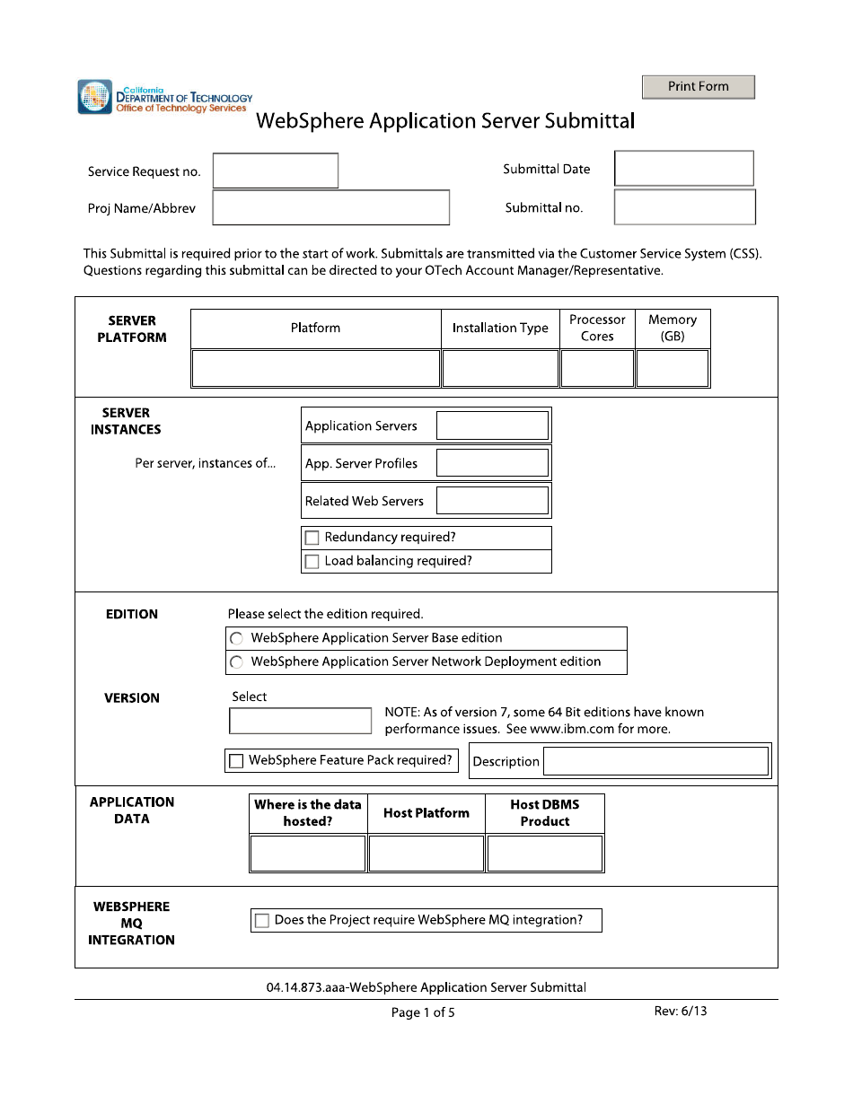 California Websphere Application Server Submittal Form - Fill Out, Sign ...