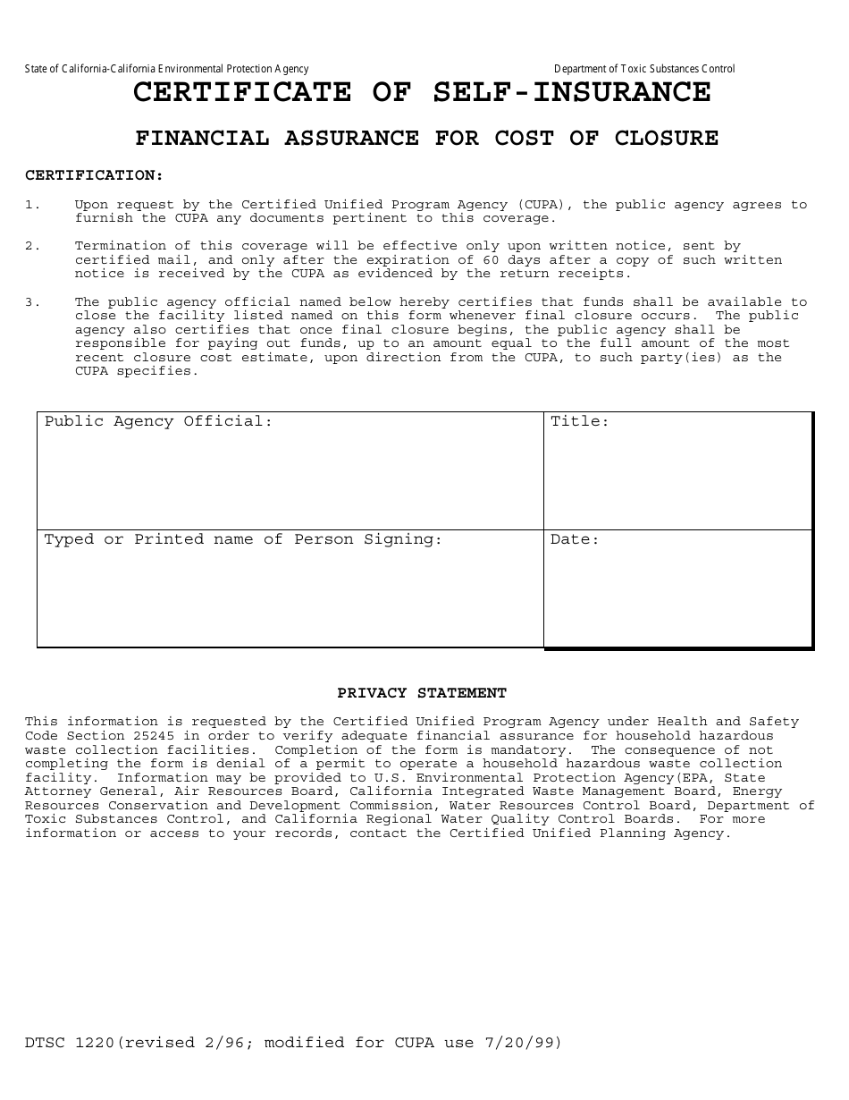 Dtsc Form 1220 Fill Out Sign Online And Download Fillable Pdf California Templateroller 2238