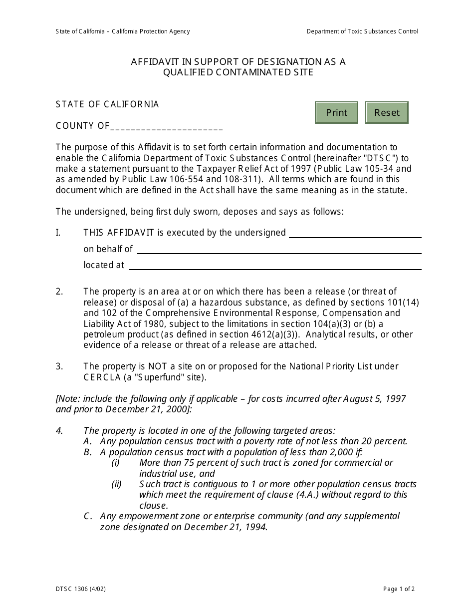 DTSC Form 1306 Affidavit in Support of Designation as a Qualified Contaminated Site - California, Page 1