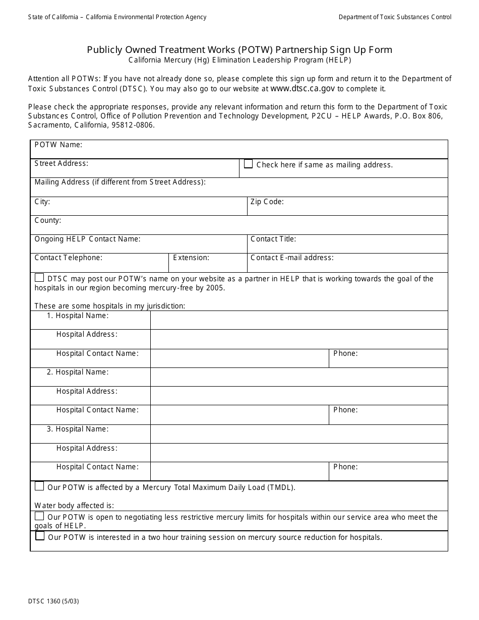 DTSC Form 1360 Publicly Owned Treatment Works (Potw) Partnership Sign up Form - California, Page 1